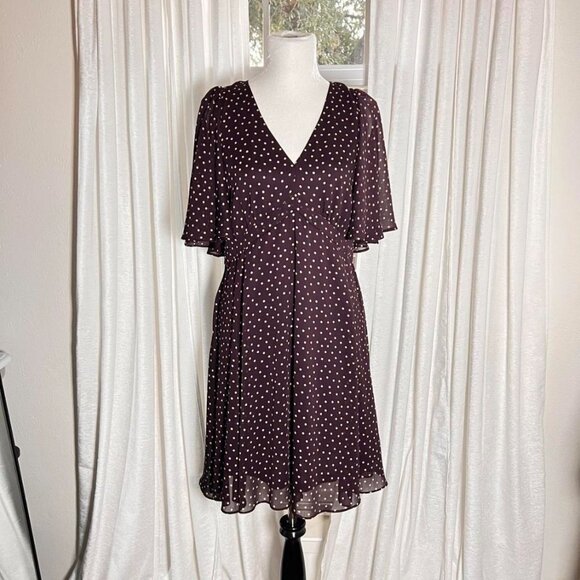 Harper Rose V-Neck Flutter Sleeve Dress Dark Purple Beige Dots Large 12 - Picture 3 of 12